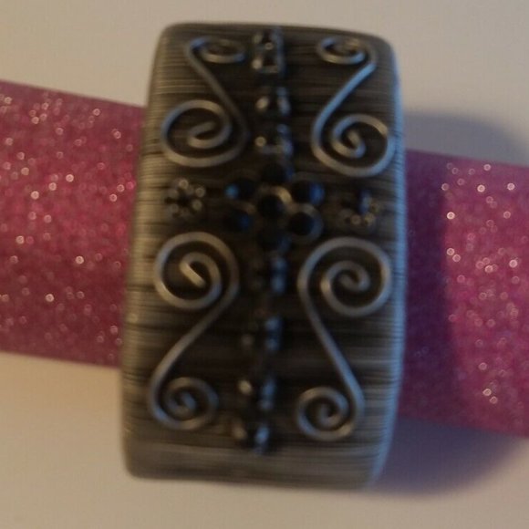 Vintage Pewter tone Wire Wrapped Cuff Bracelet w/Black Rhinestones, 1.5" wide - Picture 3 of 7